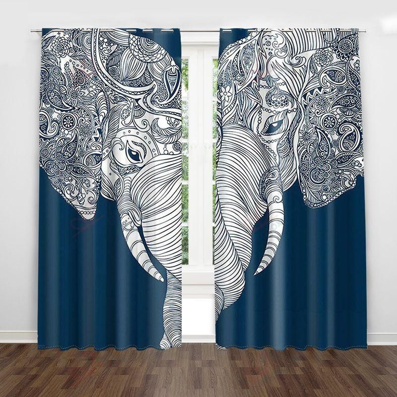 Blue And White Elephant Printed Window Curtain Home Decor