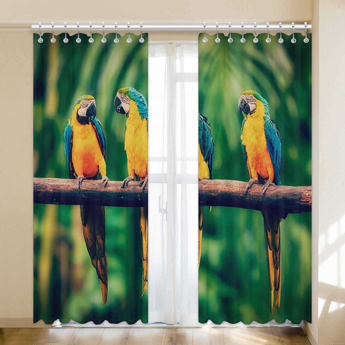 Blue And Yellow Macaw In Jungle Printed Window Curtain