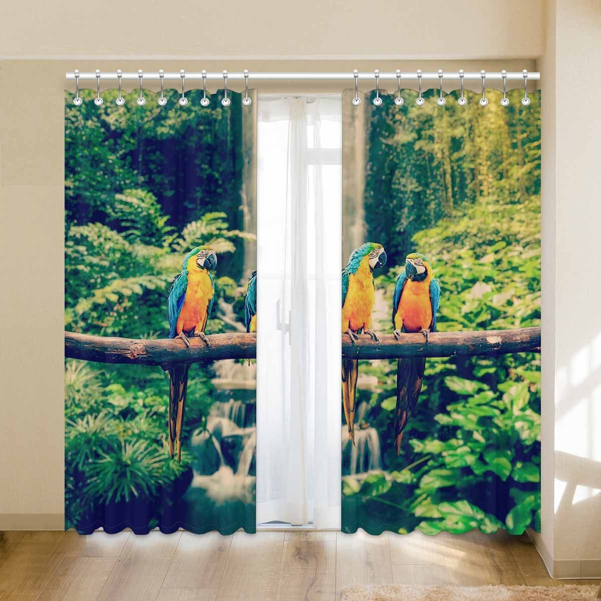 Blue And Yellow Macaw In Tropical Forest Printed Window Curtain