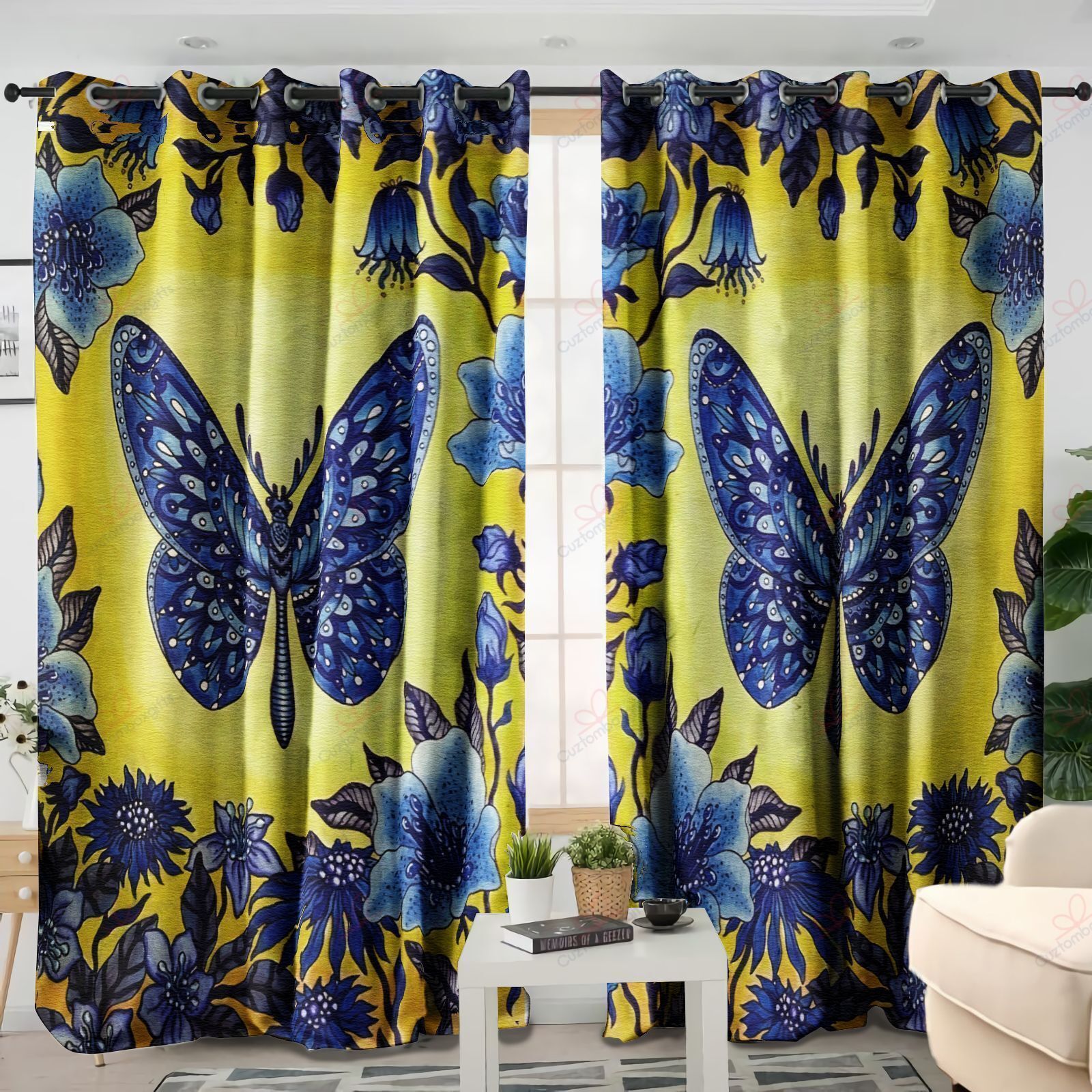 Blue Butterfly Art Printed Window Curtain Home Decor