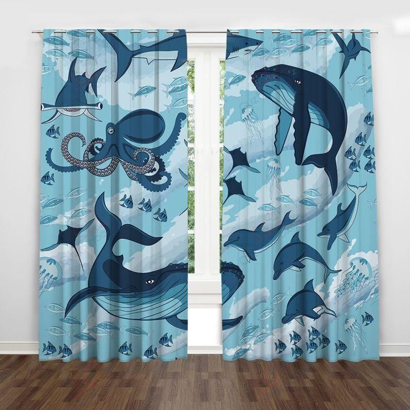 Blue Dolphins Octopus Printed Window Curtain Home Decor