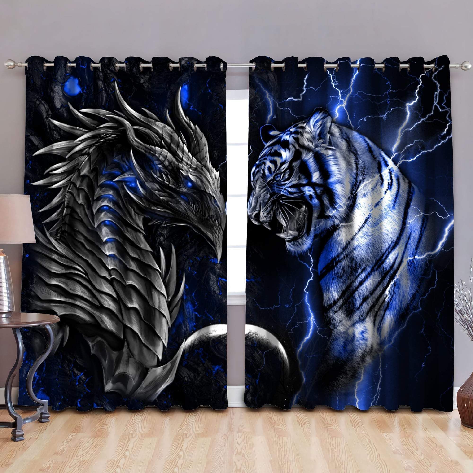 Blue Dragon And Tiger Printed Window Curtains Home Decor - Dragon Blackout Curtains