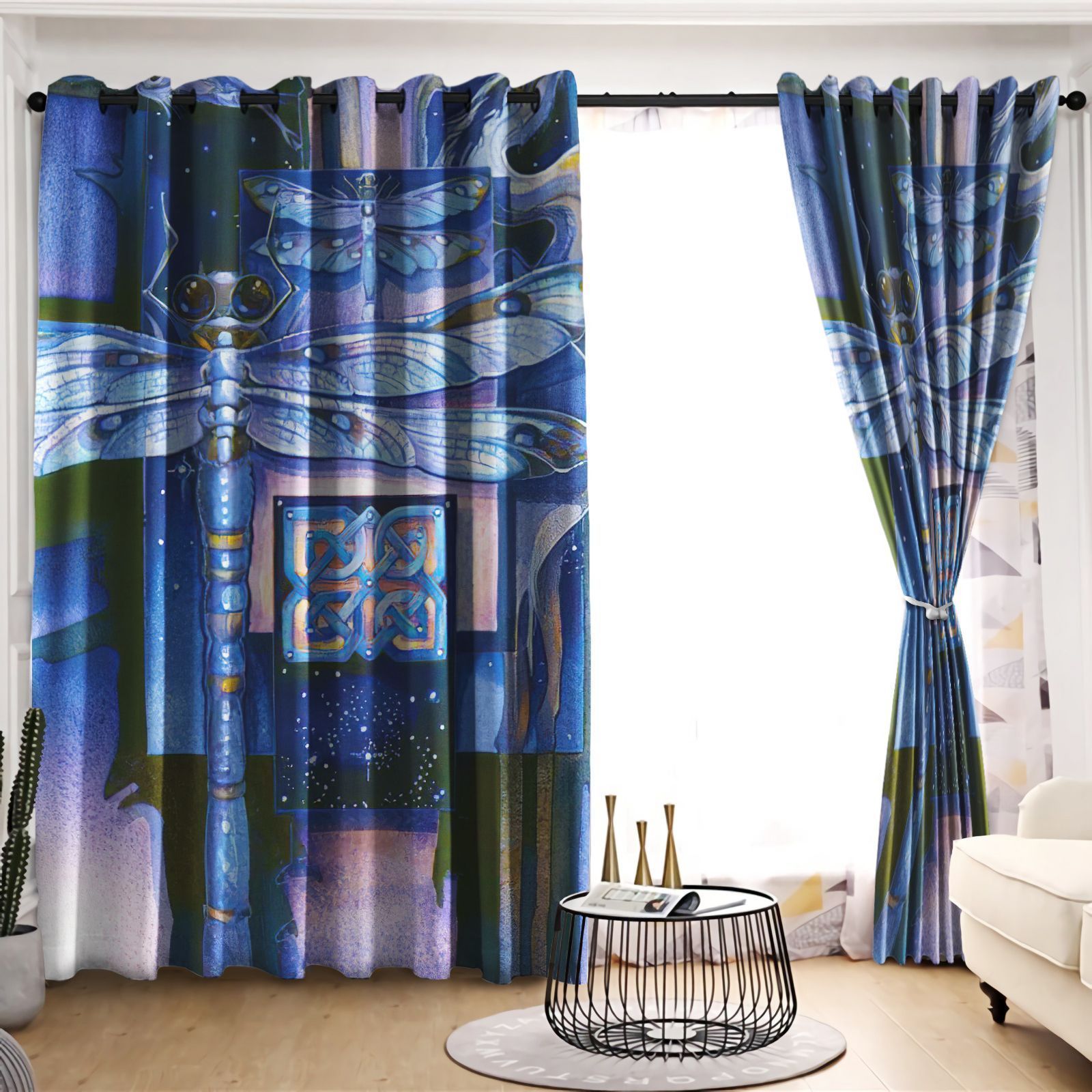 Blue Dragonfly Spirit Animal Printed Window Curtain Home Decor
