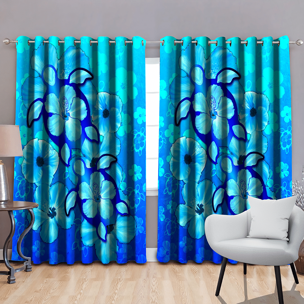 Blue Hibiscus Turtles In Hawaiian Dream Printed Window Curtains Home Decor