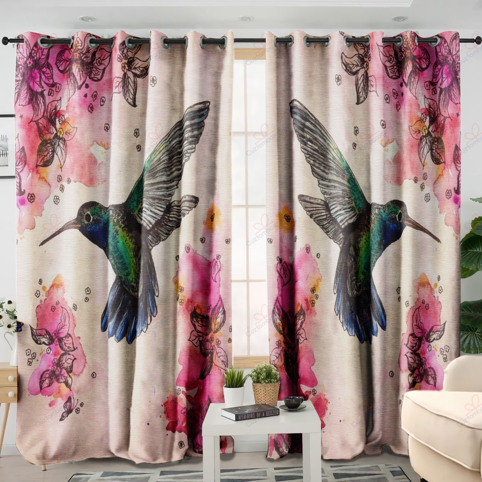 Blue Hummingbird And Flower Printed Window Curtain Home Decor