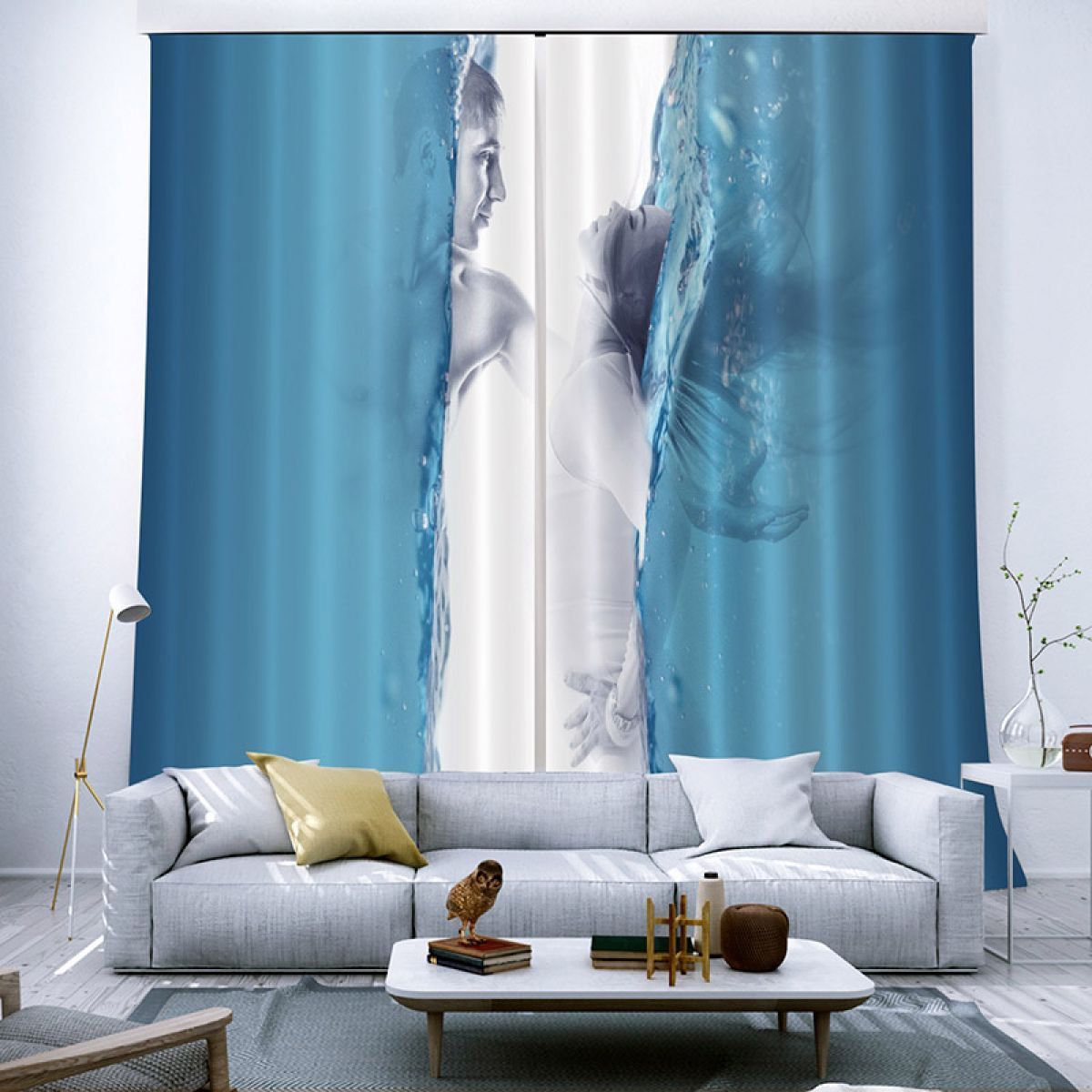 Blue Man And Woman Printed Window Curtain Home Decor
