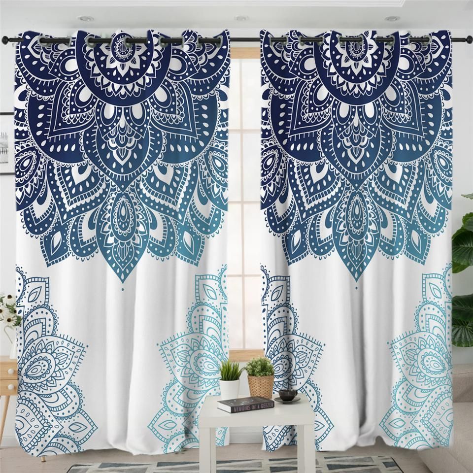 Blue Mandala White Window Curtains Home Decor