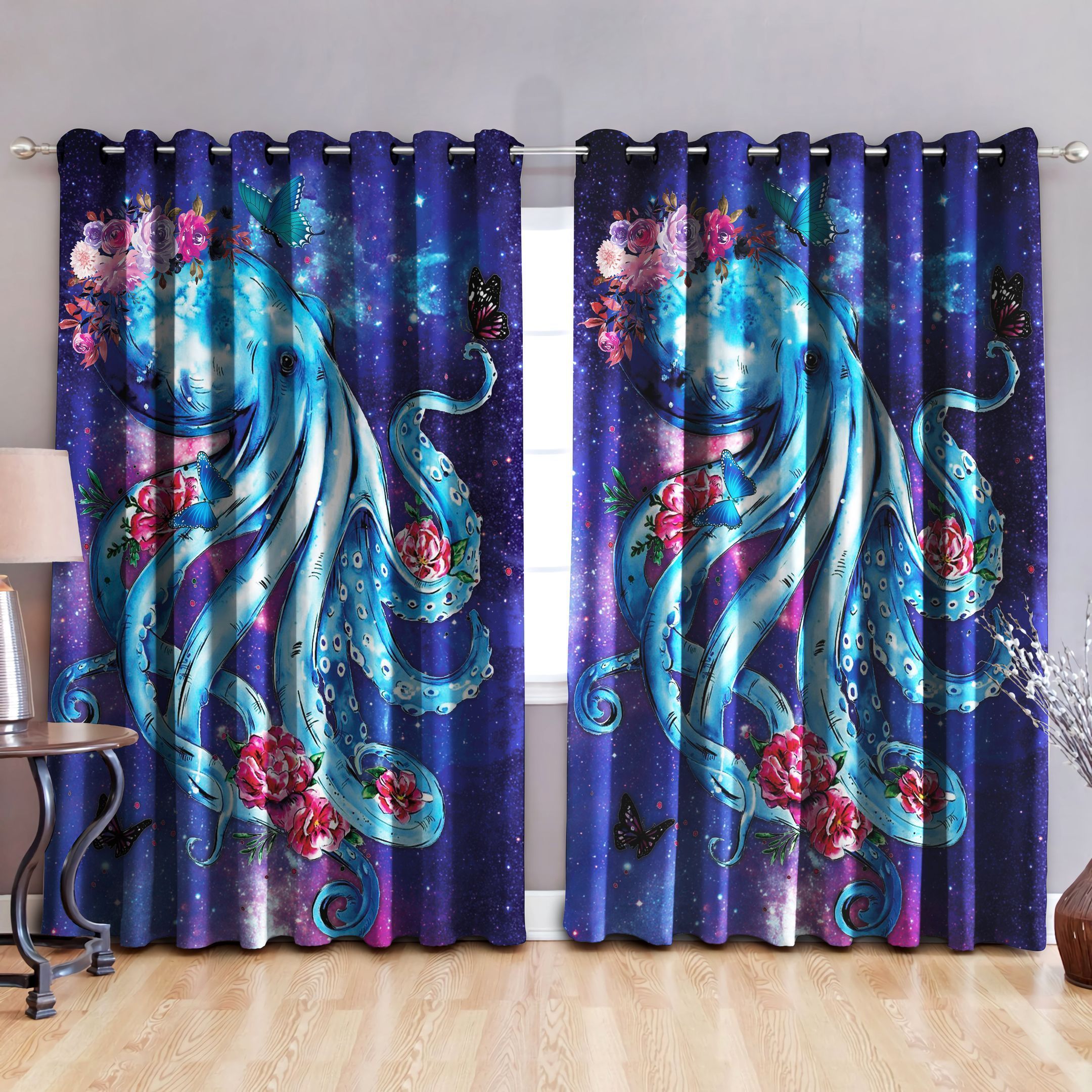 Blue Octopus Printed Window Curtains Home Decor