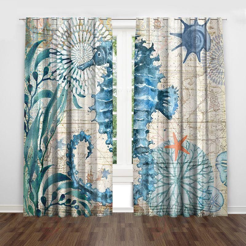 Blue Seashell Seahorse Starfish Printed Window Curtain Home Decor