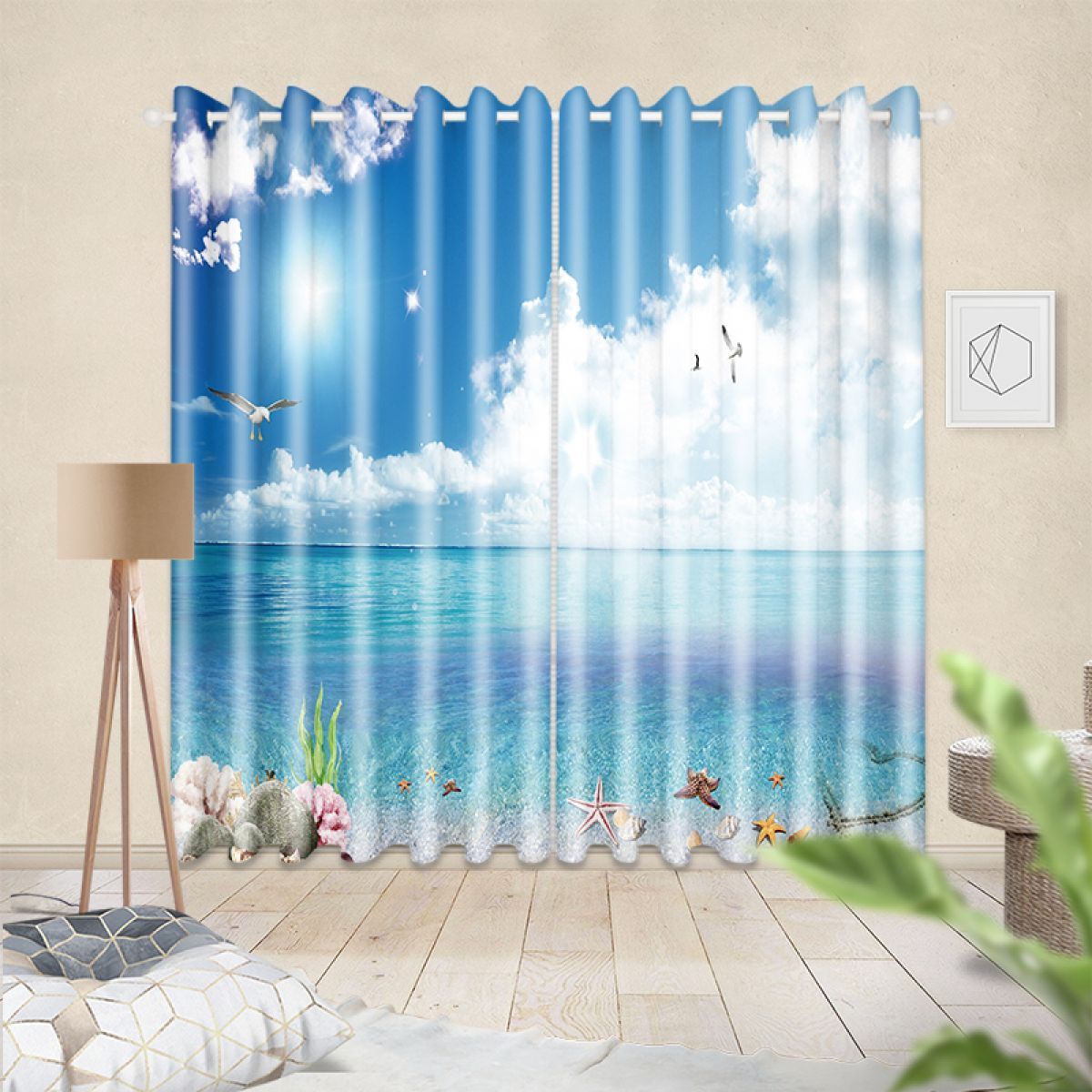 Blue Sky And Water Printed Window Curtain Home Decor