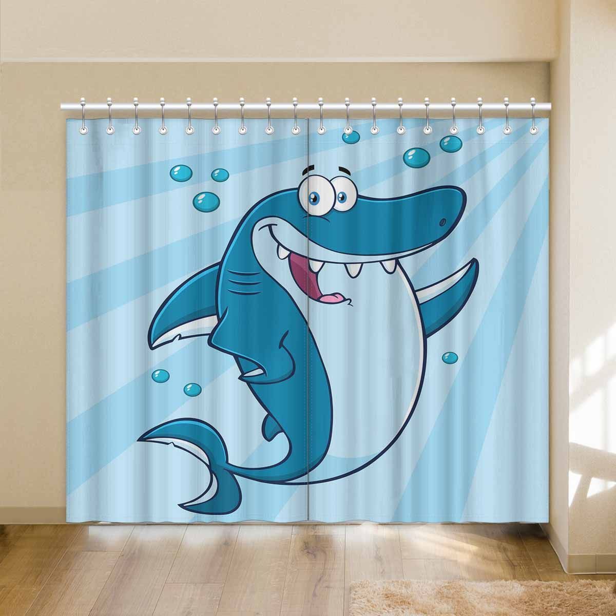 Blue Stripes Shark Cartoon Mascot Printed Window Curtain