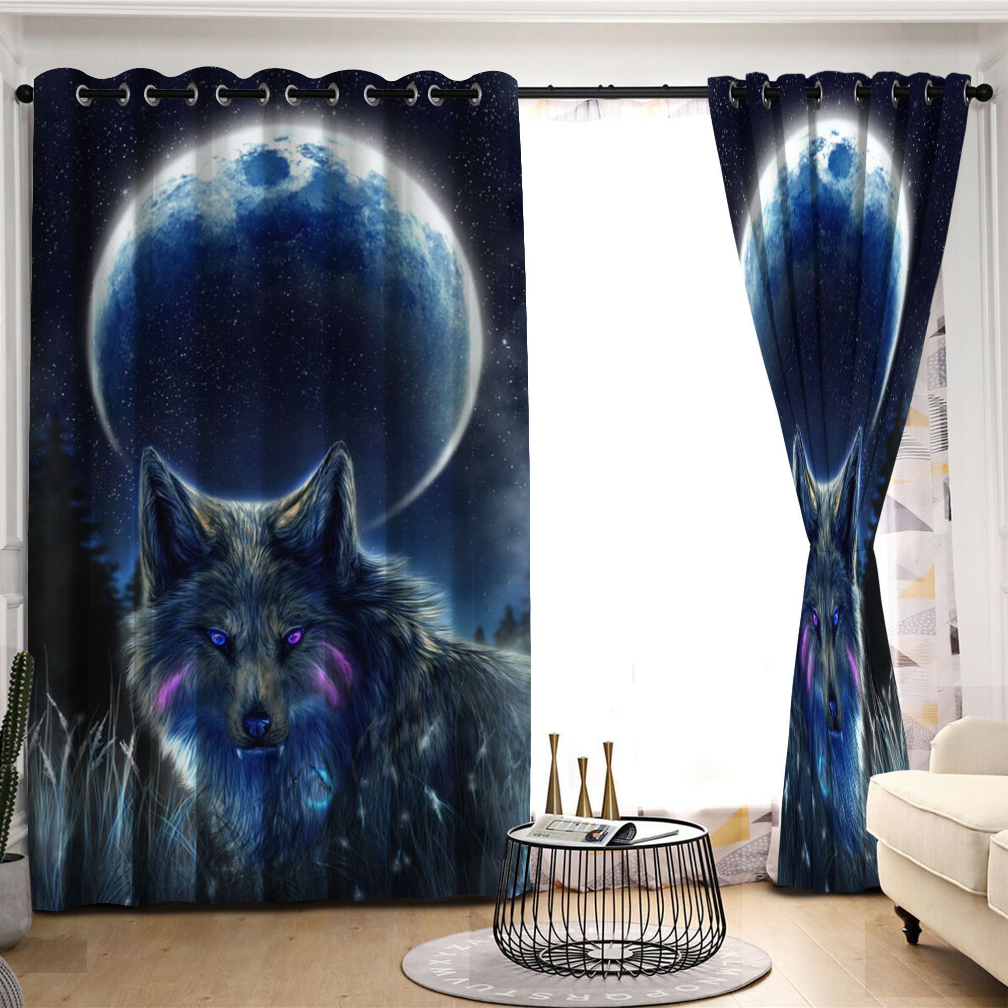 Blue Wolf Moon Printed Window Curtain Home Decor