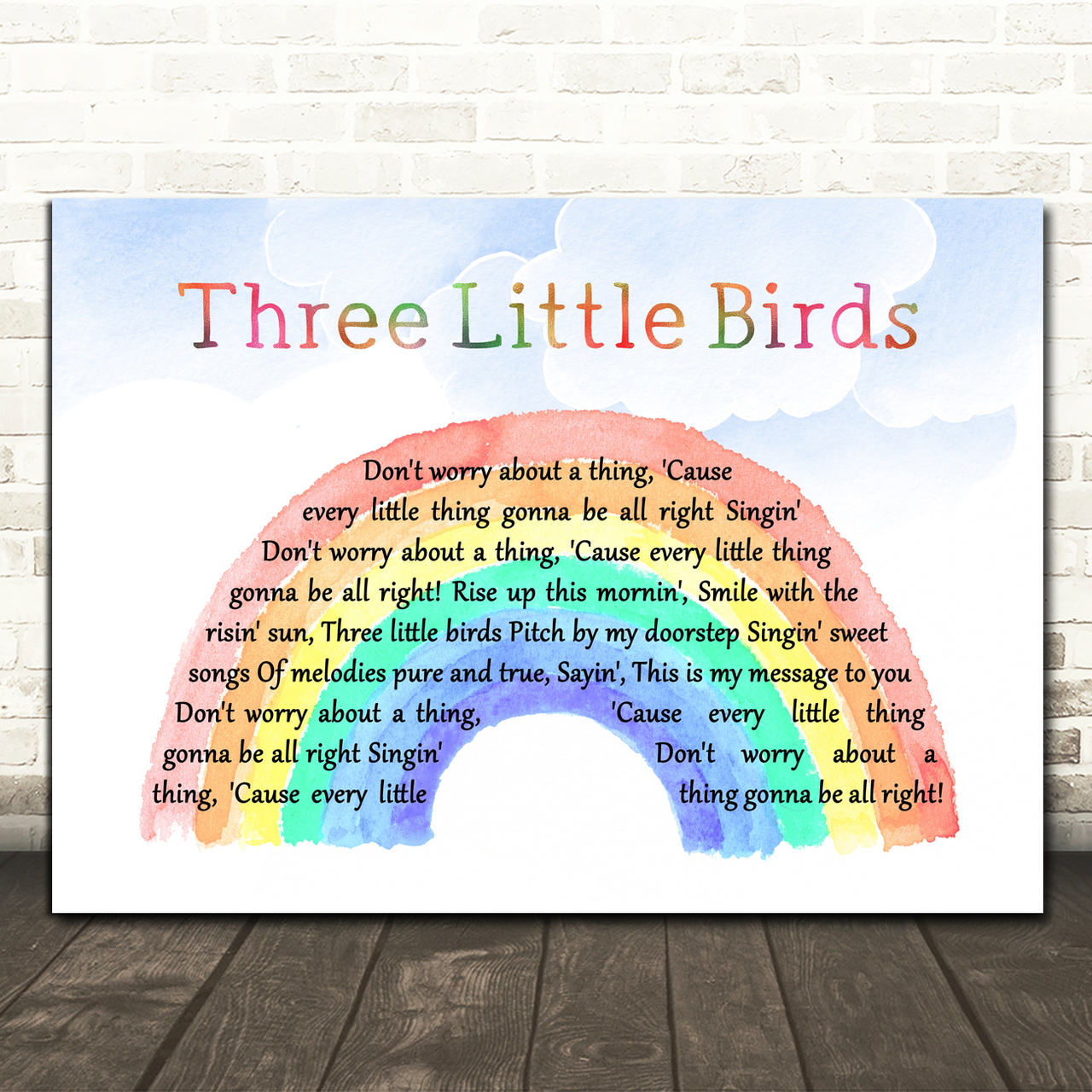 Bob Marley Three Little Birds Watercolour Rainbow & Clouds Song Lyric Art Print