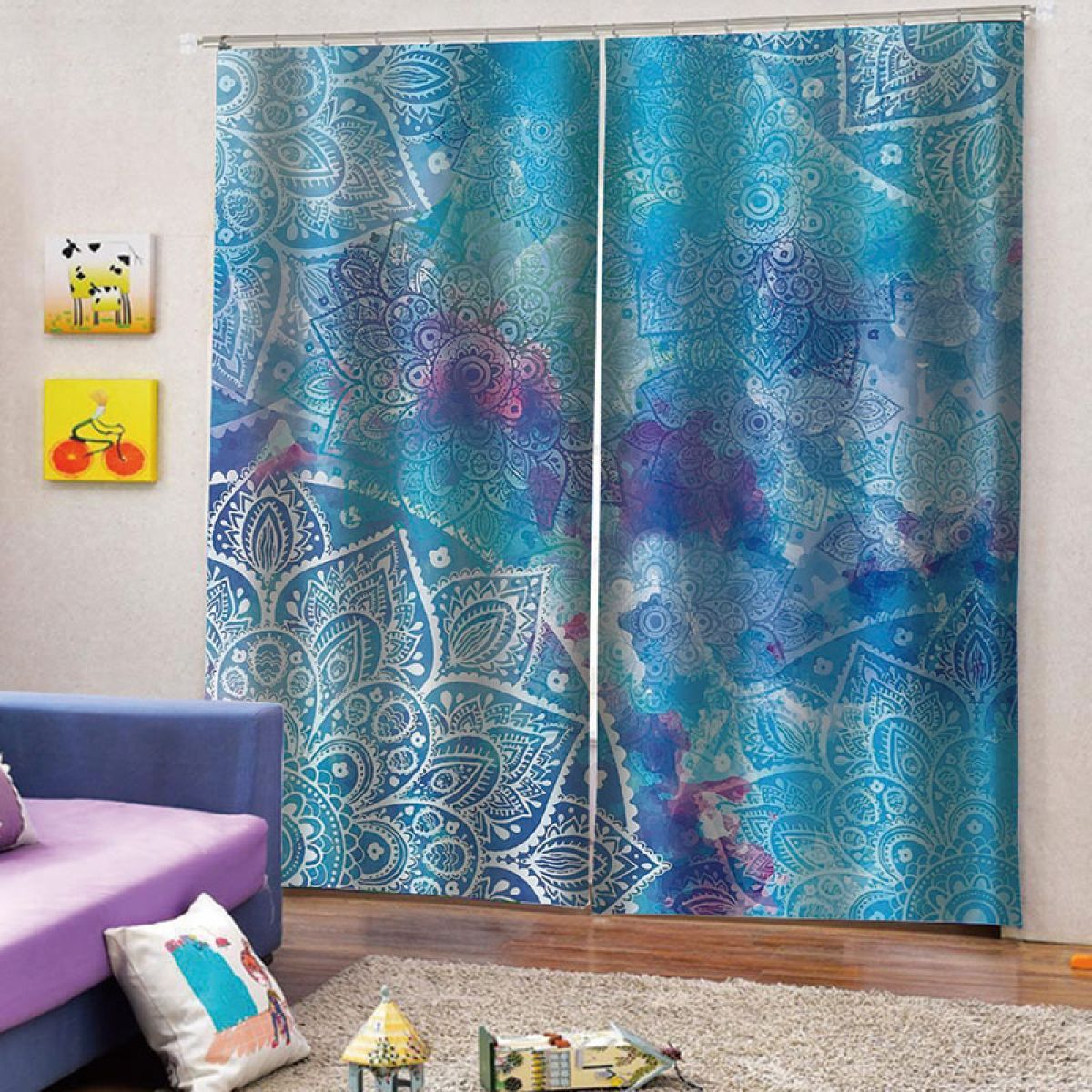 Bohemian Flower Pattern Blue And Purple Printed Window Curtain Home Decor