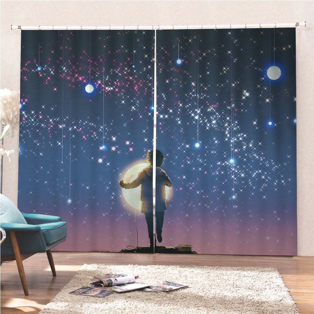 Boy Holding Glowing Moon Standing Against Hanging Stars Printed Window Curtain Home Decor