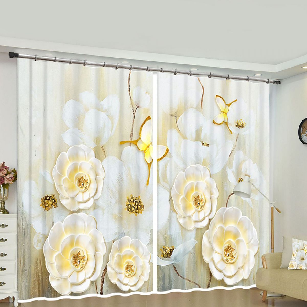 Camellia And Butterfly Printed Window Curtain Home Decor