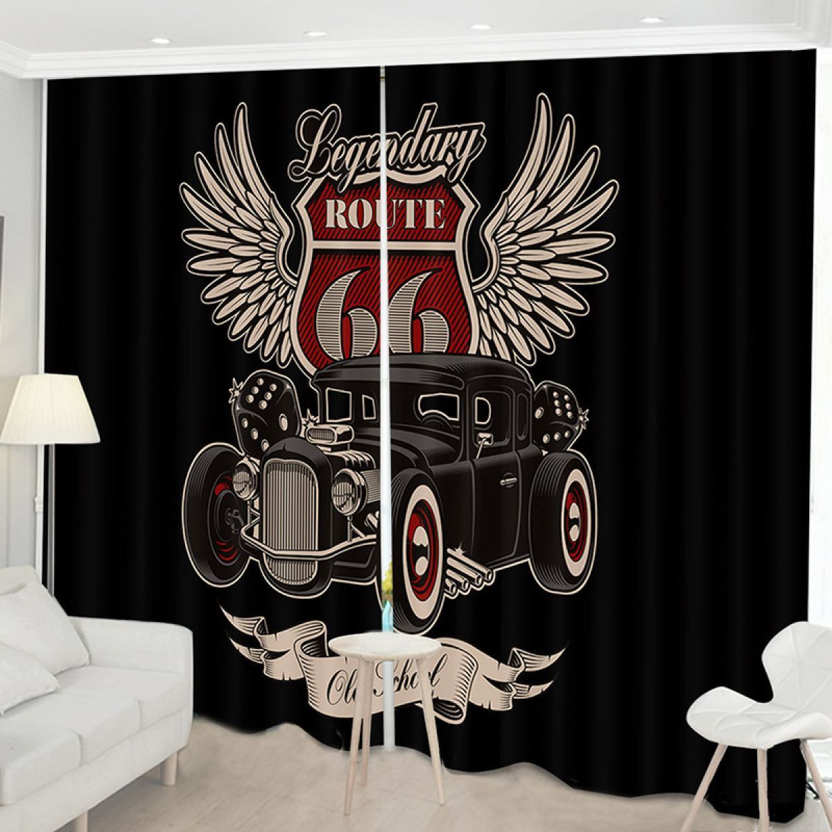 Car And Badge With Wings Printed Window Curtain Home Decor