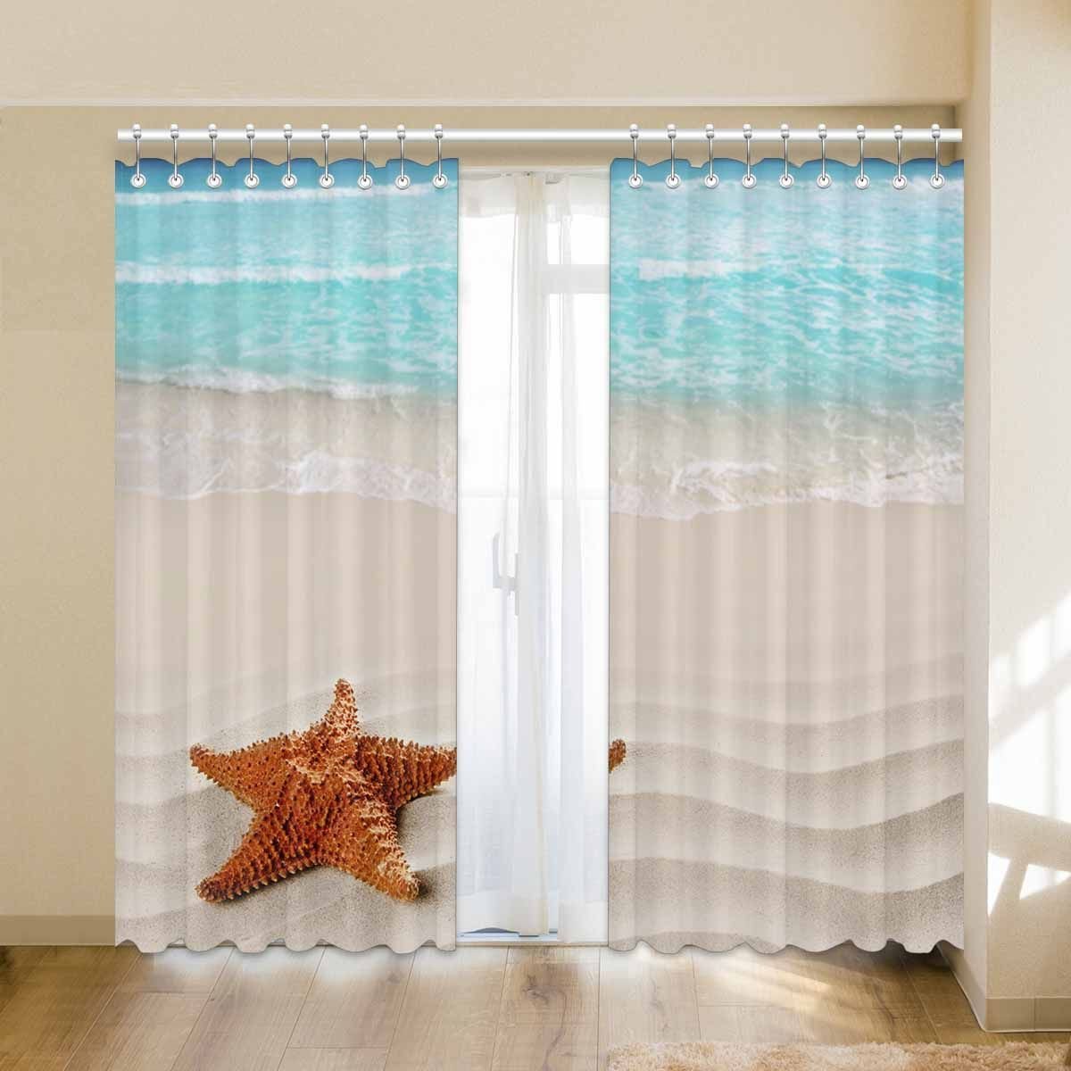 Caribbean Beach Starfish White Wavy Printed Window Curtain