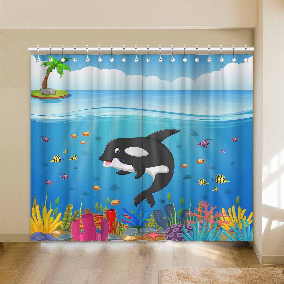 Cartoon Coral Reef Whale Palm Tree Printed Window Curtain