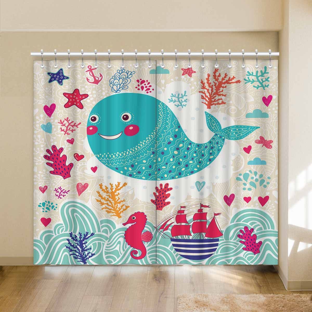 Cartoon Funny Whale With Starfish And Seahorse Printed Window Curtain