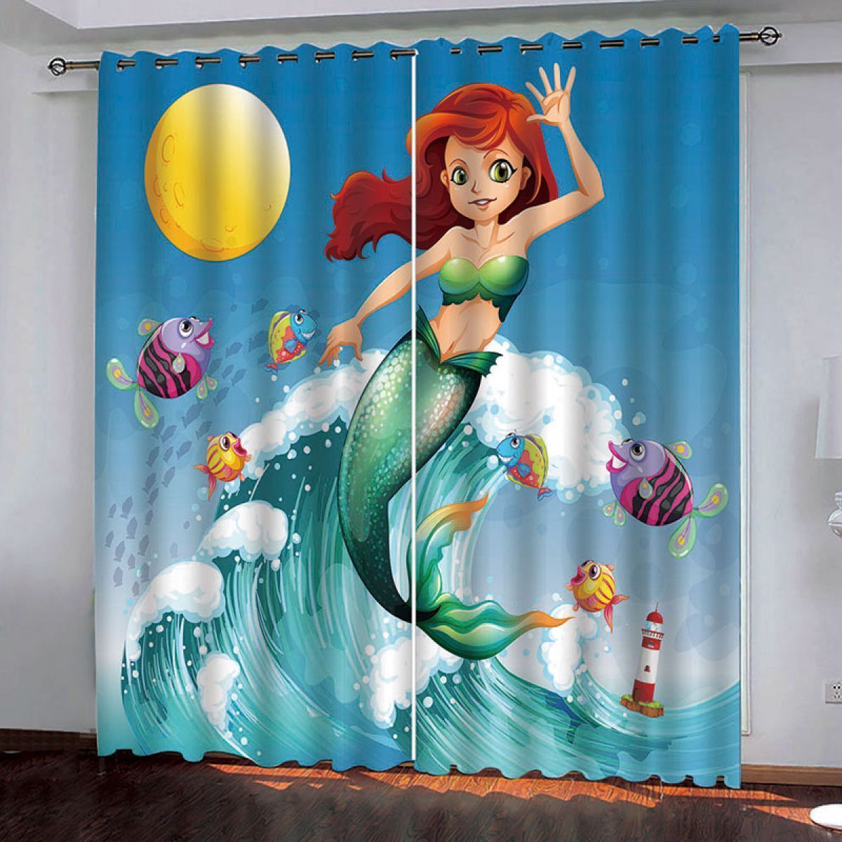 Cartoon Mermaid And Fish Over Wave Printed Window Curtain Home Decor