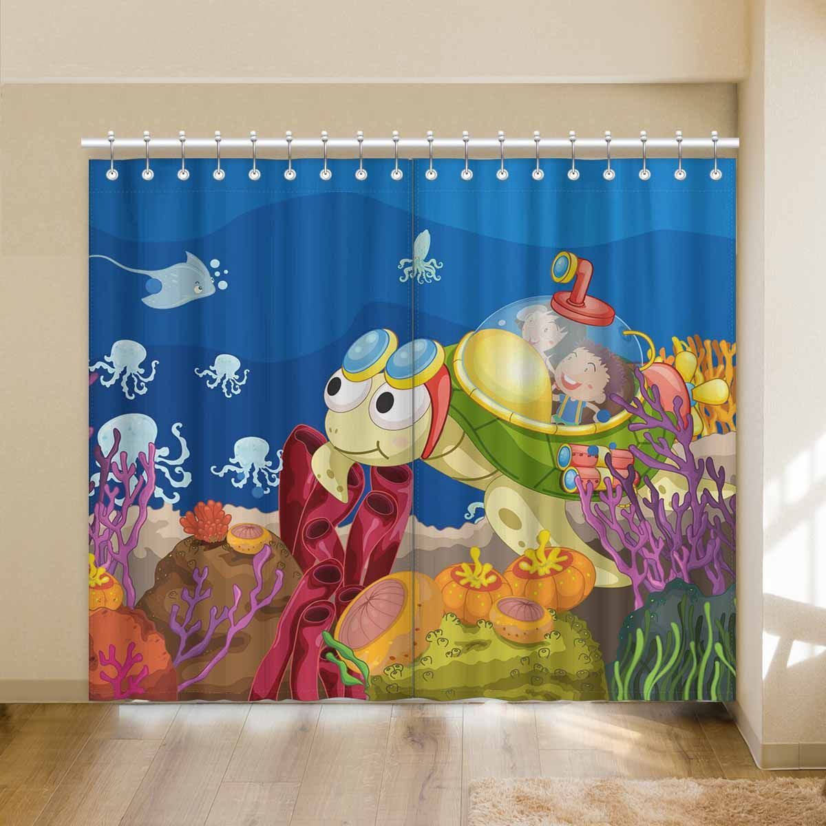 Cartoon Purple Submarine Undersea Printed Window Curtain