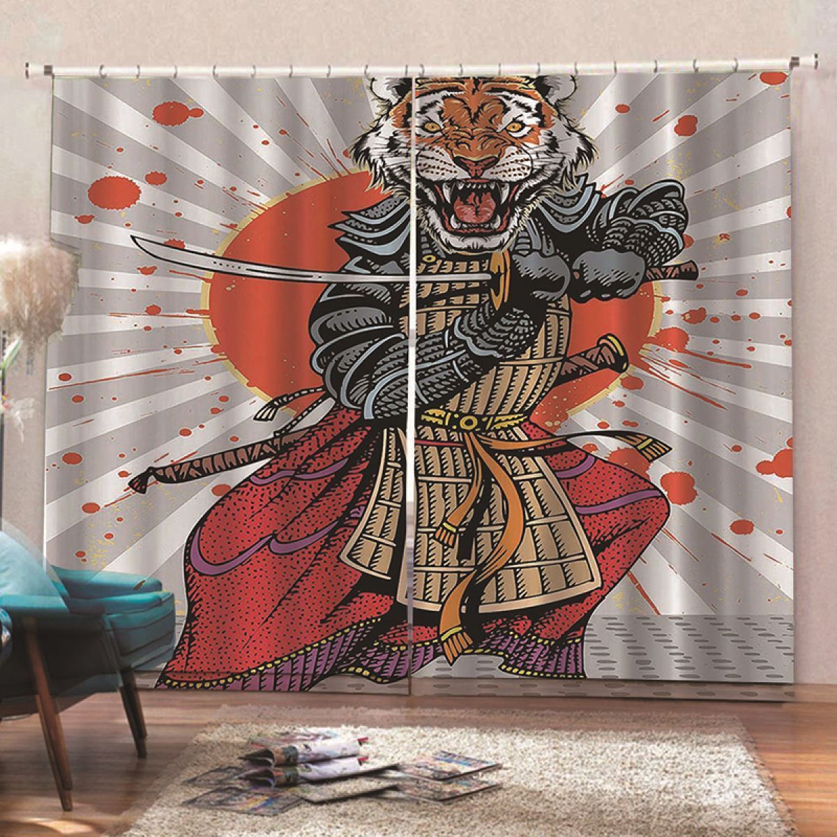 Cartoon Tiger Sumarai Printed Window Curtain Home Decor