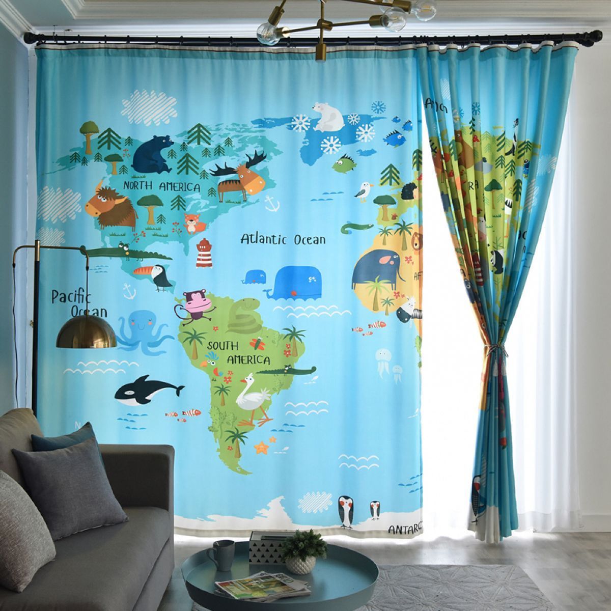 Cartoon World Map Animal Life Printed Window Curtain Home Decor