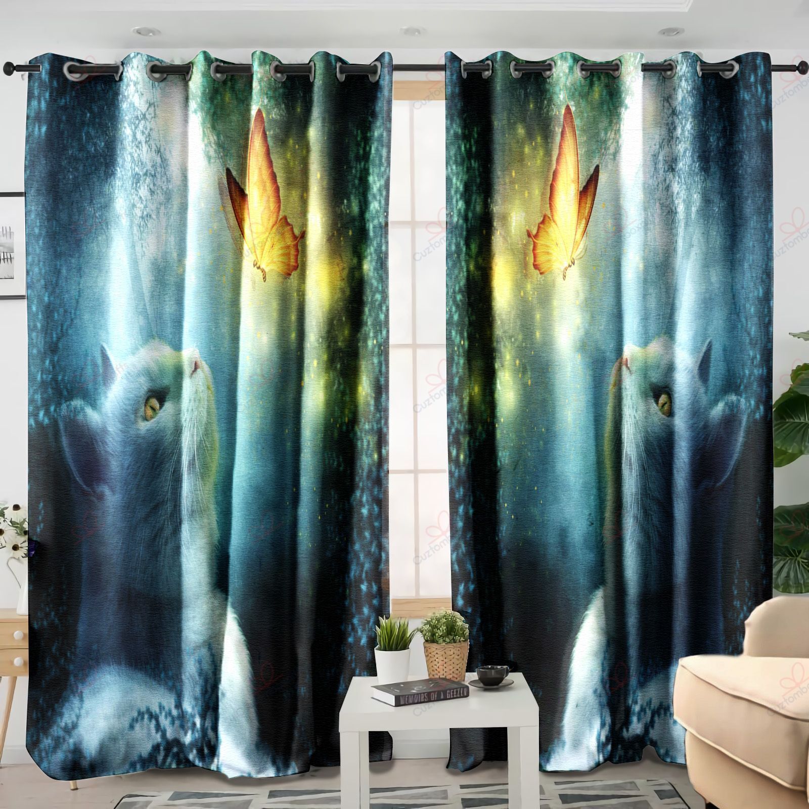 Cat And Butterfly Beautiful Window Curtain Home Decor