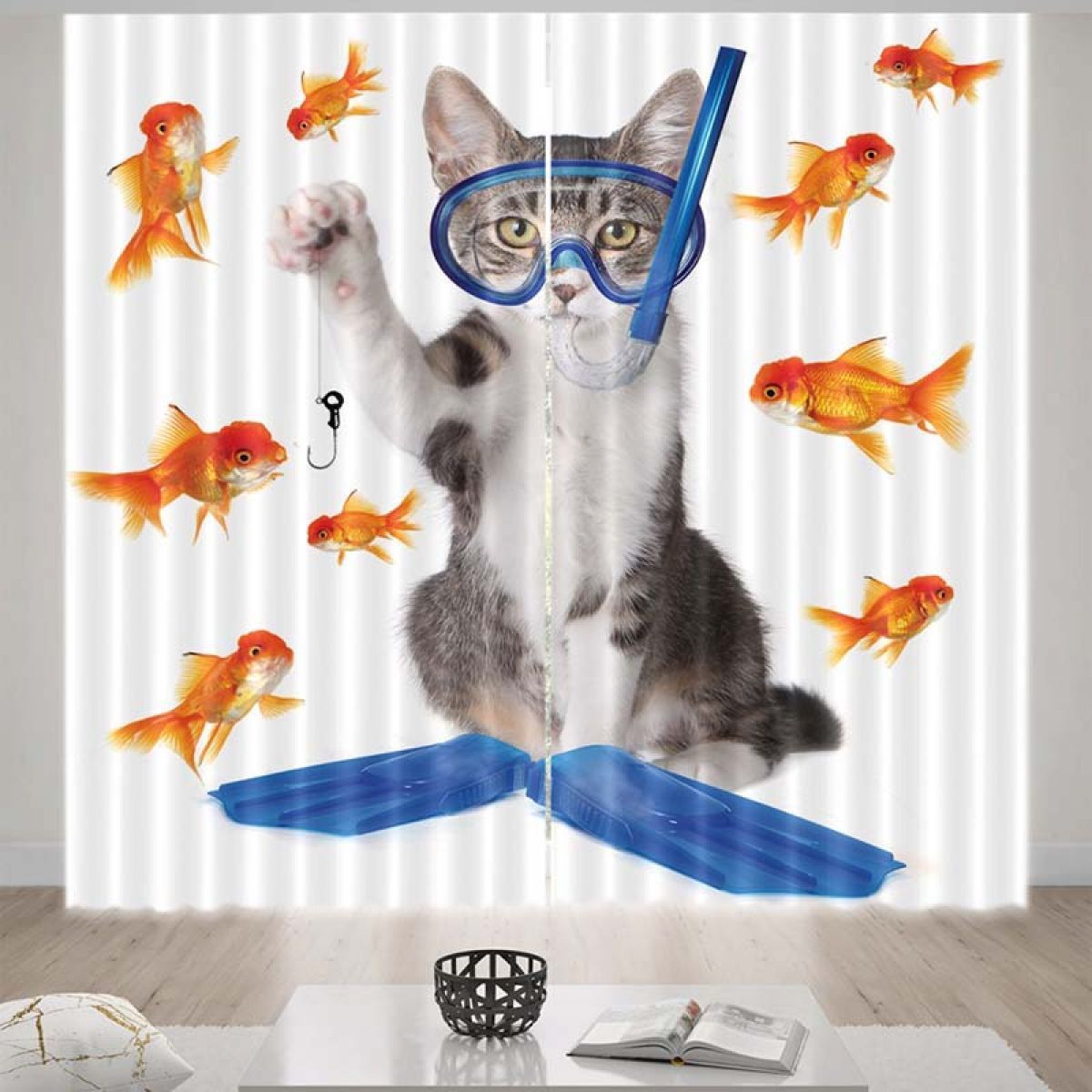 Cat And Goldfishes Printed Window Curtain Home Decor