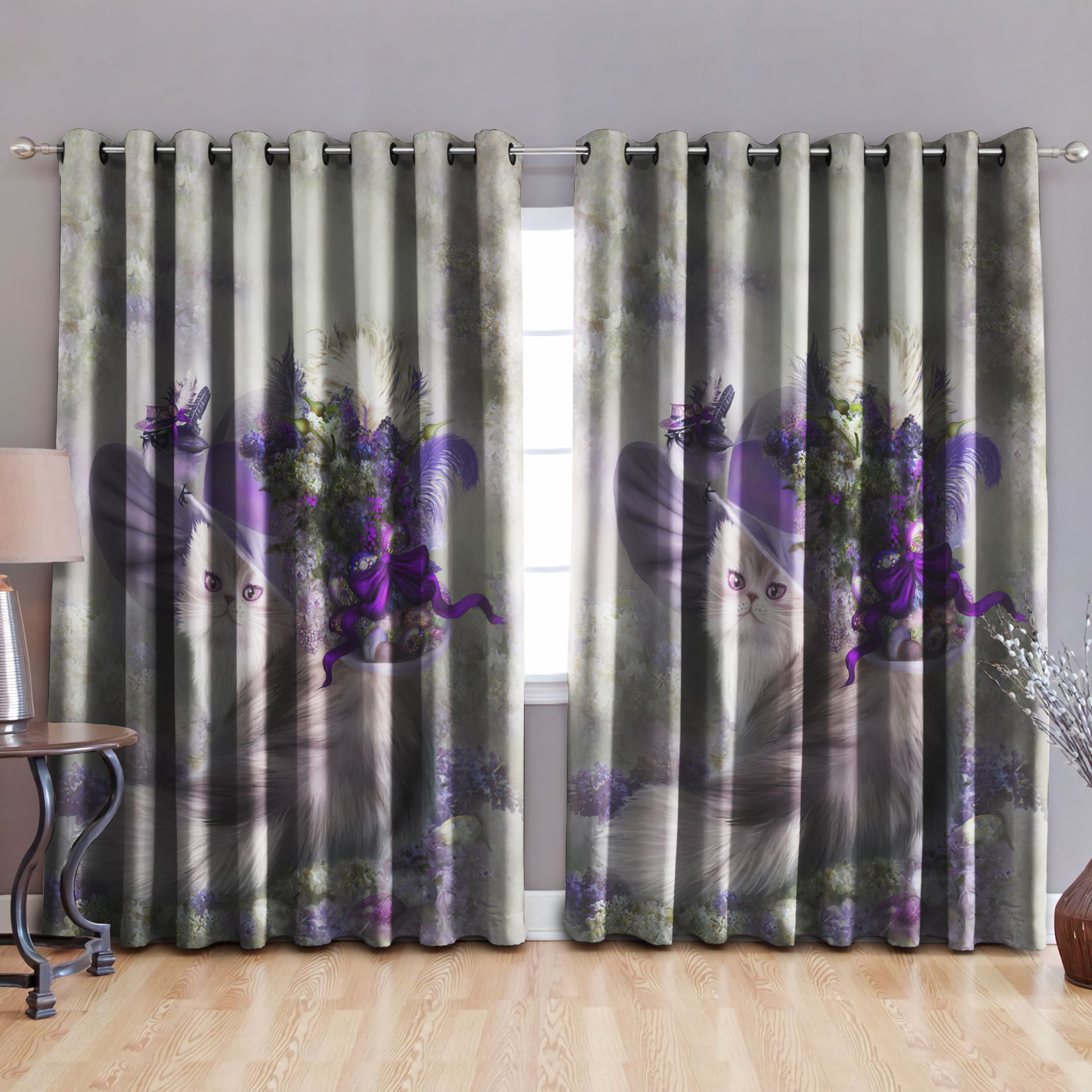 Cat Gray And Purple Printed Window Curtain Home Decor