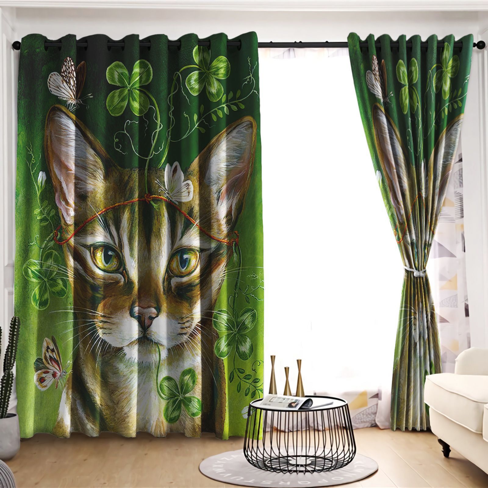 Cat With Clover Pattern Printed Window Curtain Home Decor