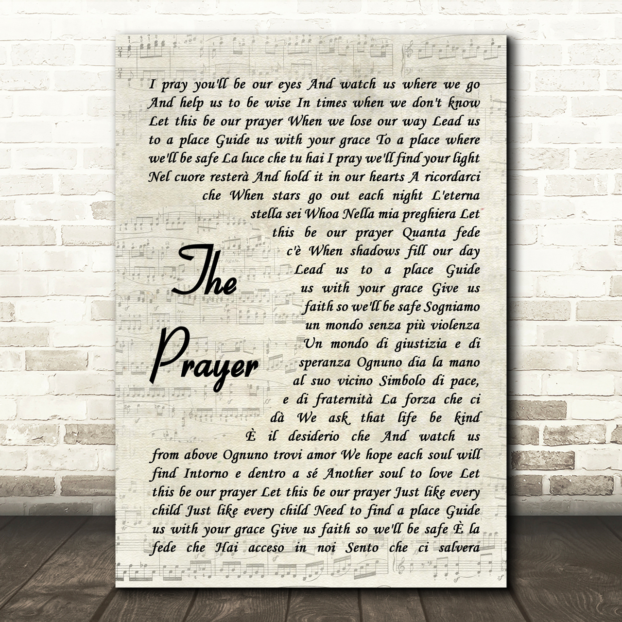 Celine Dion & Andrea Bocelli The Prayer Vintage Script Song Lyric Wall Art Print