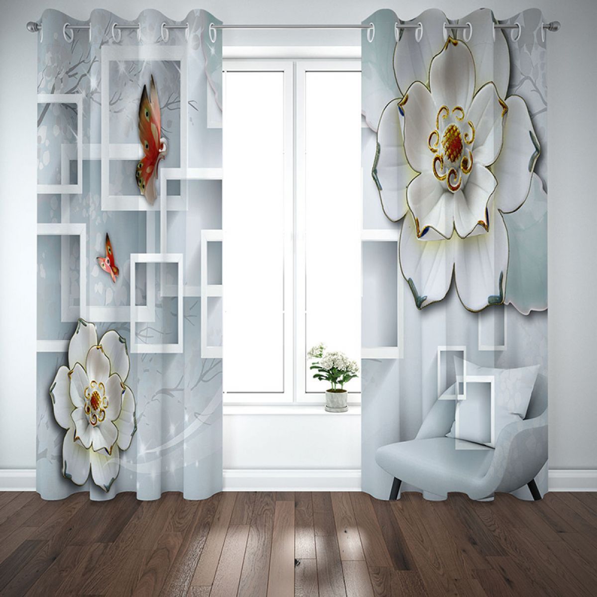 Ceramic Flowers And Butterflies Printed Window Curtain Home Decor