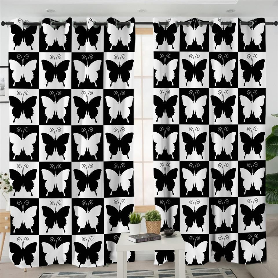 Checkerboard Butterflies Printed Window Curtain Home Decor