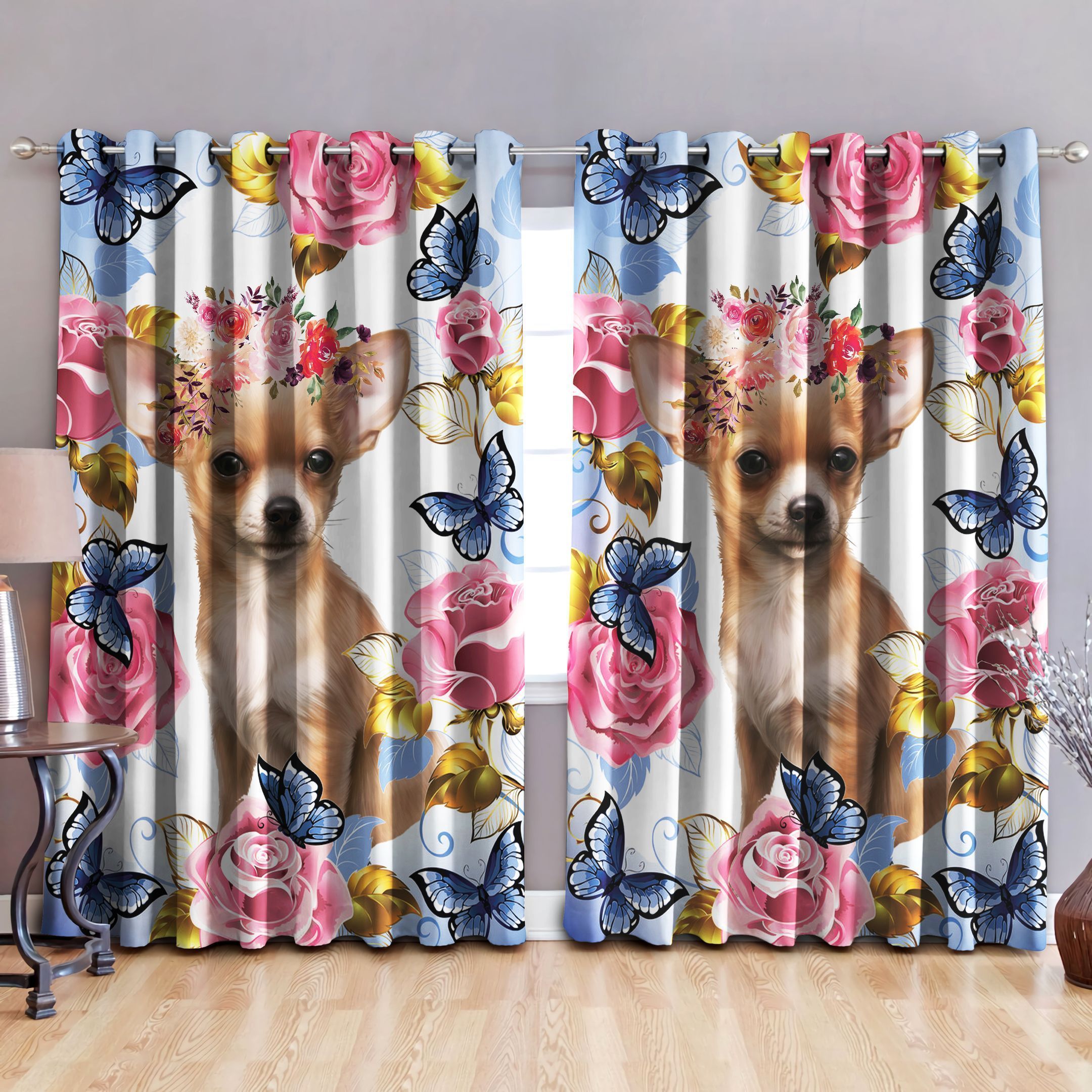 Chihuahua Butterflies And Pink Rose Printed Window Curtain Home Decor