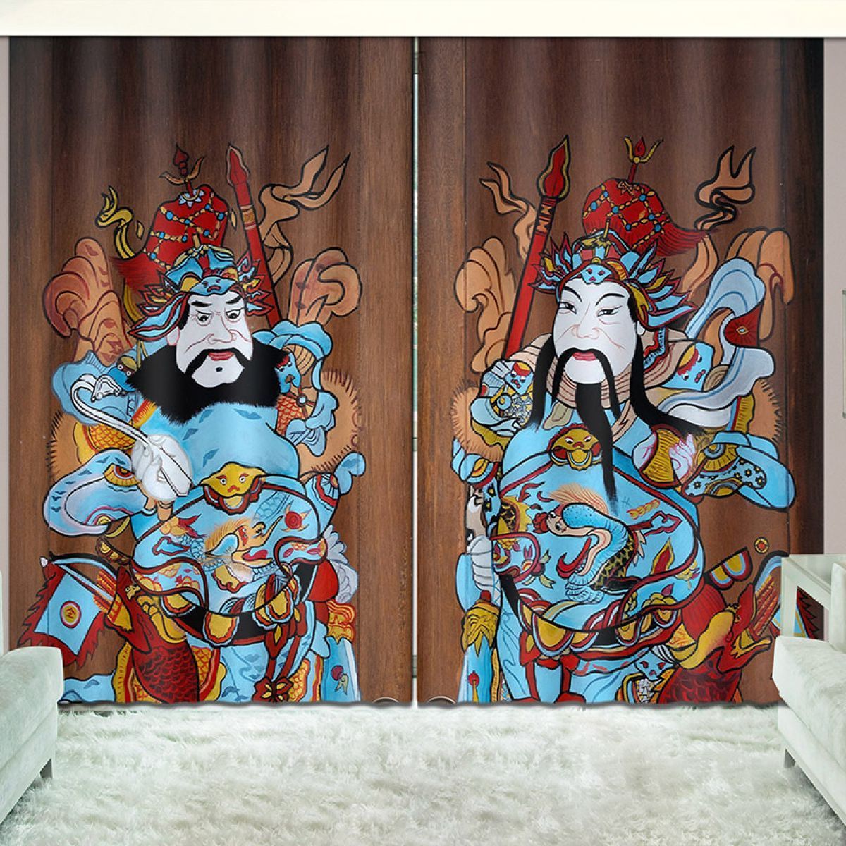 Chinese Door Gods Printed Window Curtain Home Decor