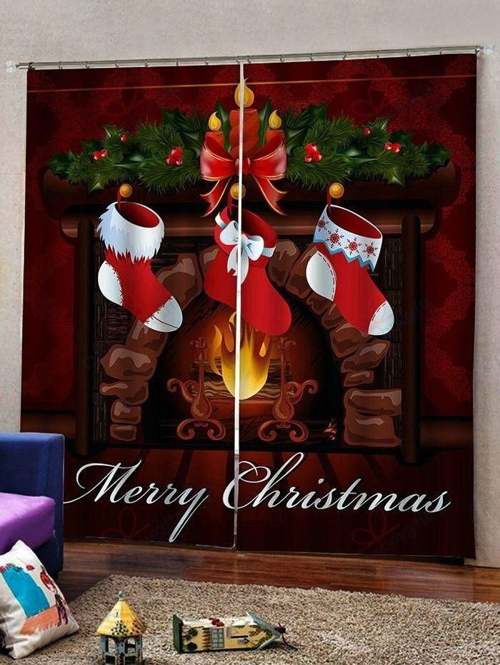 Christmas Stockings Fireplace Printed Window Curtain Home Decor