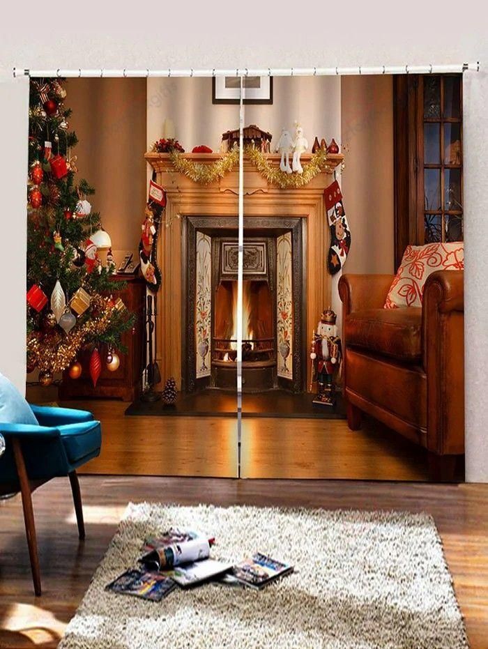 Christmas Tree Fireplace Pattern Printed Window Curtain Home Decor