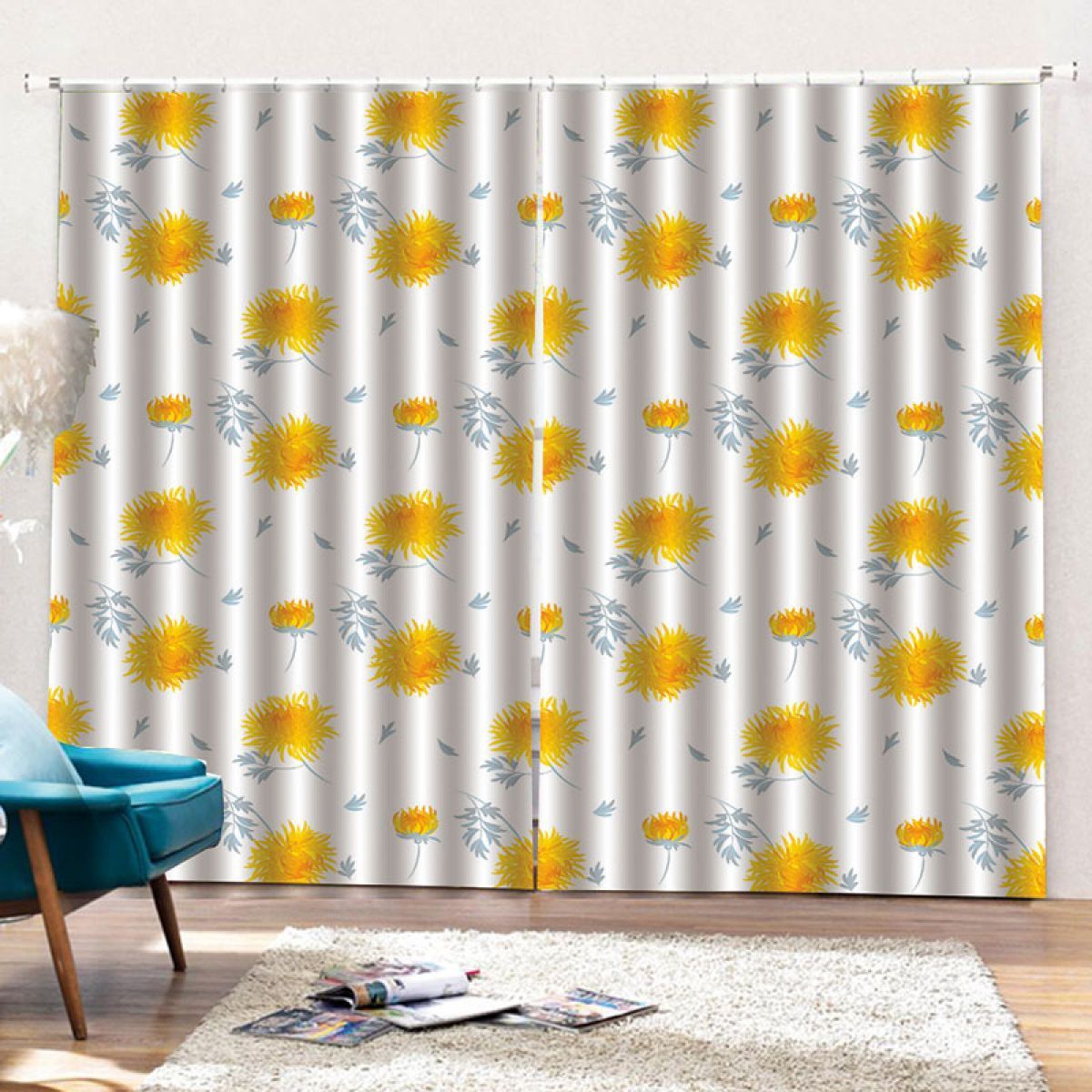 Chrysanthemum Yellow And White Printed Window Curtain Home Decor