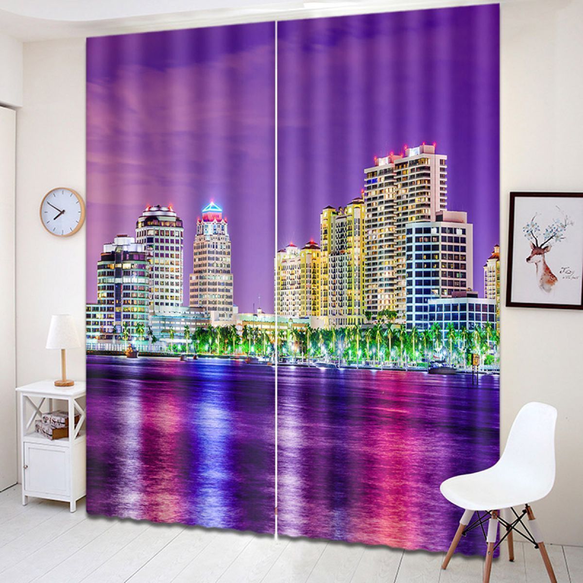 City And River At Night Printed Window Curtain Home Decor