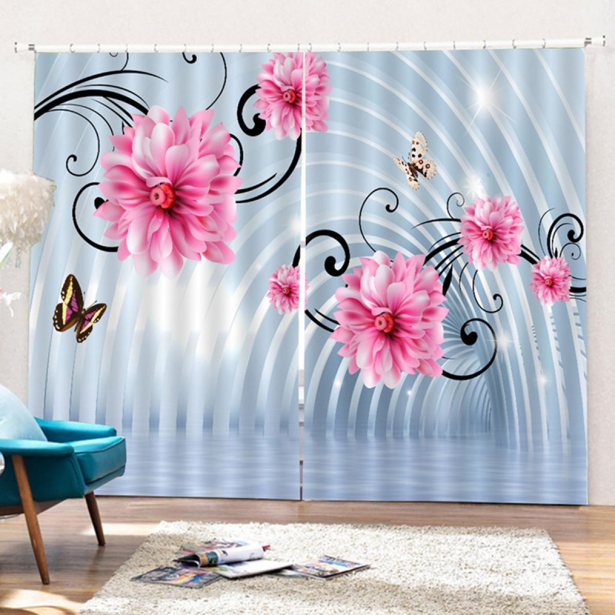 Cloister Flower And Butterfly Printed Window Curtain Home Decor