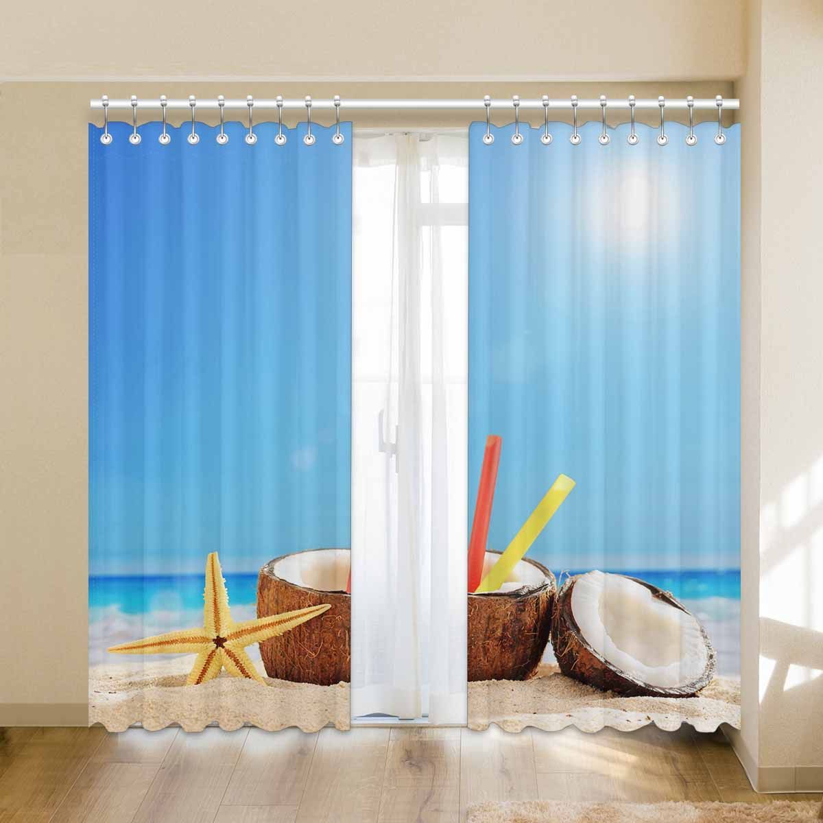 Coconut Cocktail On Sandy Beach Printed Window Curtain