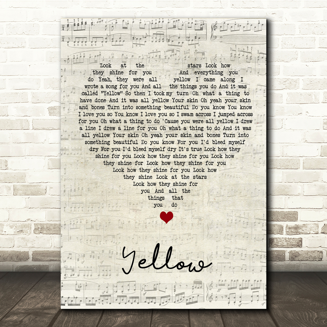 Coldplay Yellow Script Heart Song Lyric Music Print