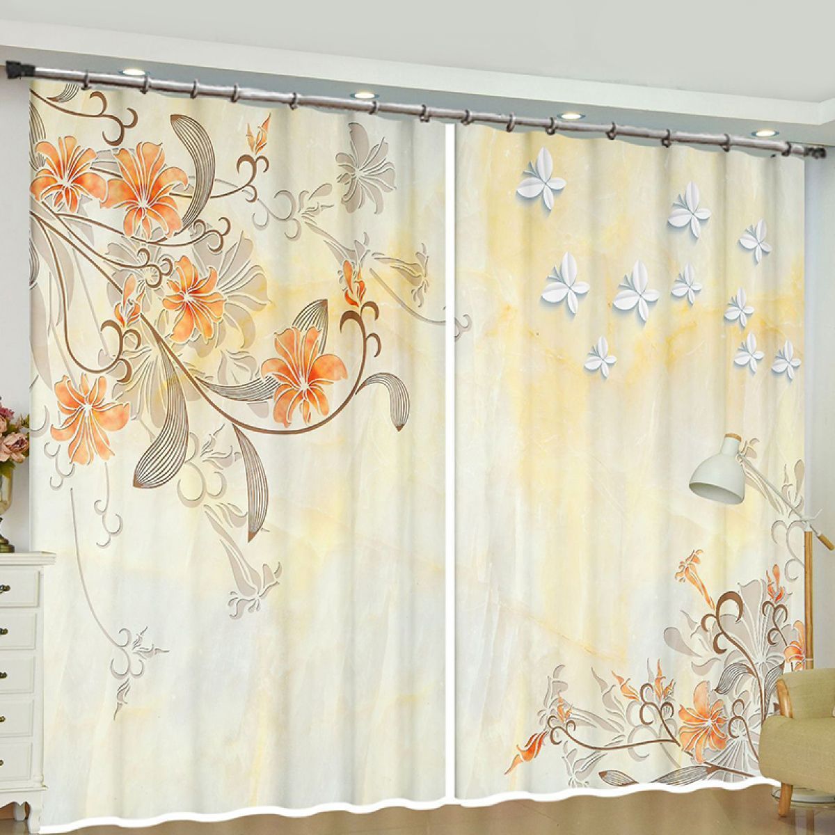 Collaborate-style Painting Of Floral And Butterfly Printed Window Curtain Home Decor
