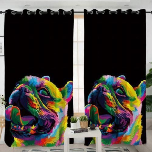 Colorful Bulldog Black Background Printed Window Curtain