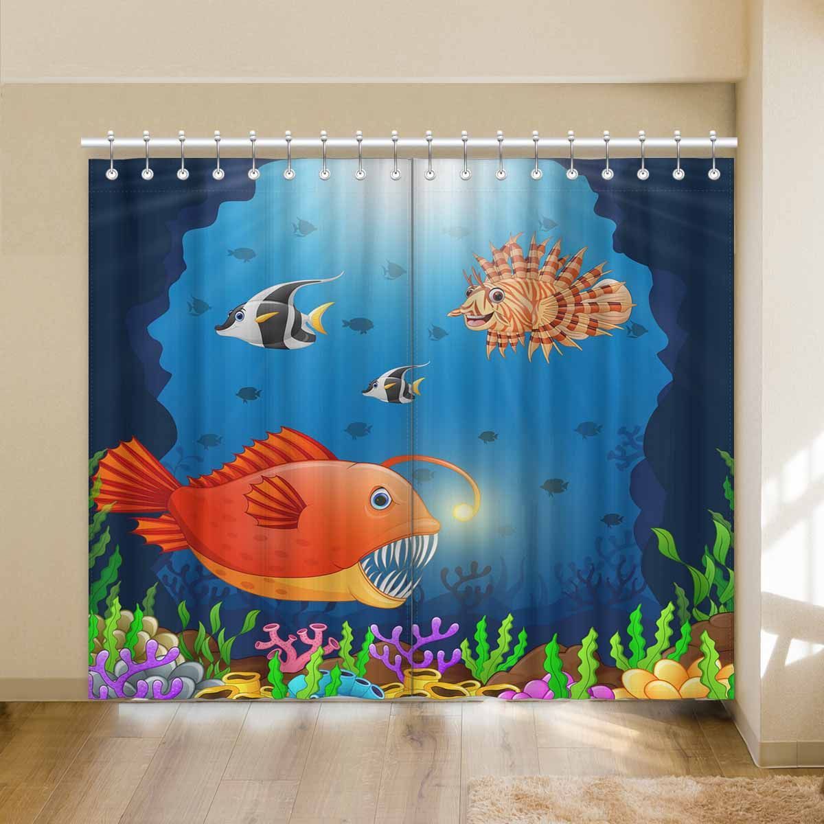 Colorful Coral And Orange Fish Printed Window Curtain