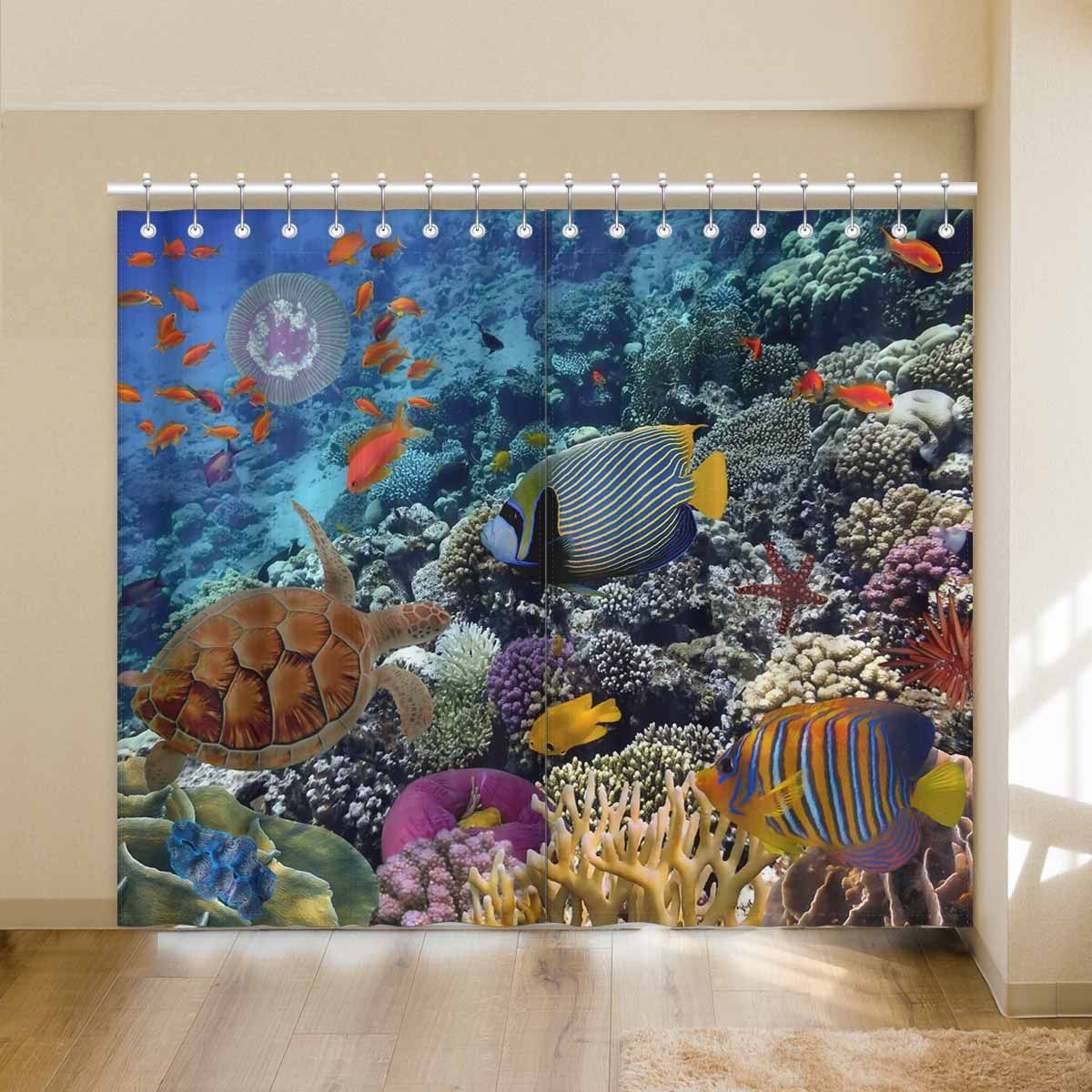 Colorful Coral Reef With Many Fishes Printed Window Curtain