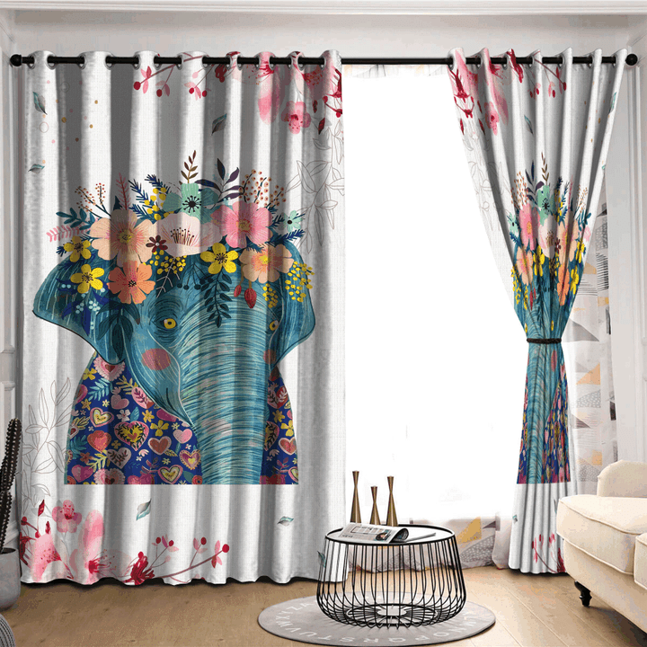 Colorful Elephant With Flower Pattern Printed Window Curtain