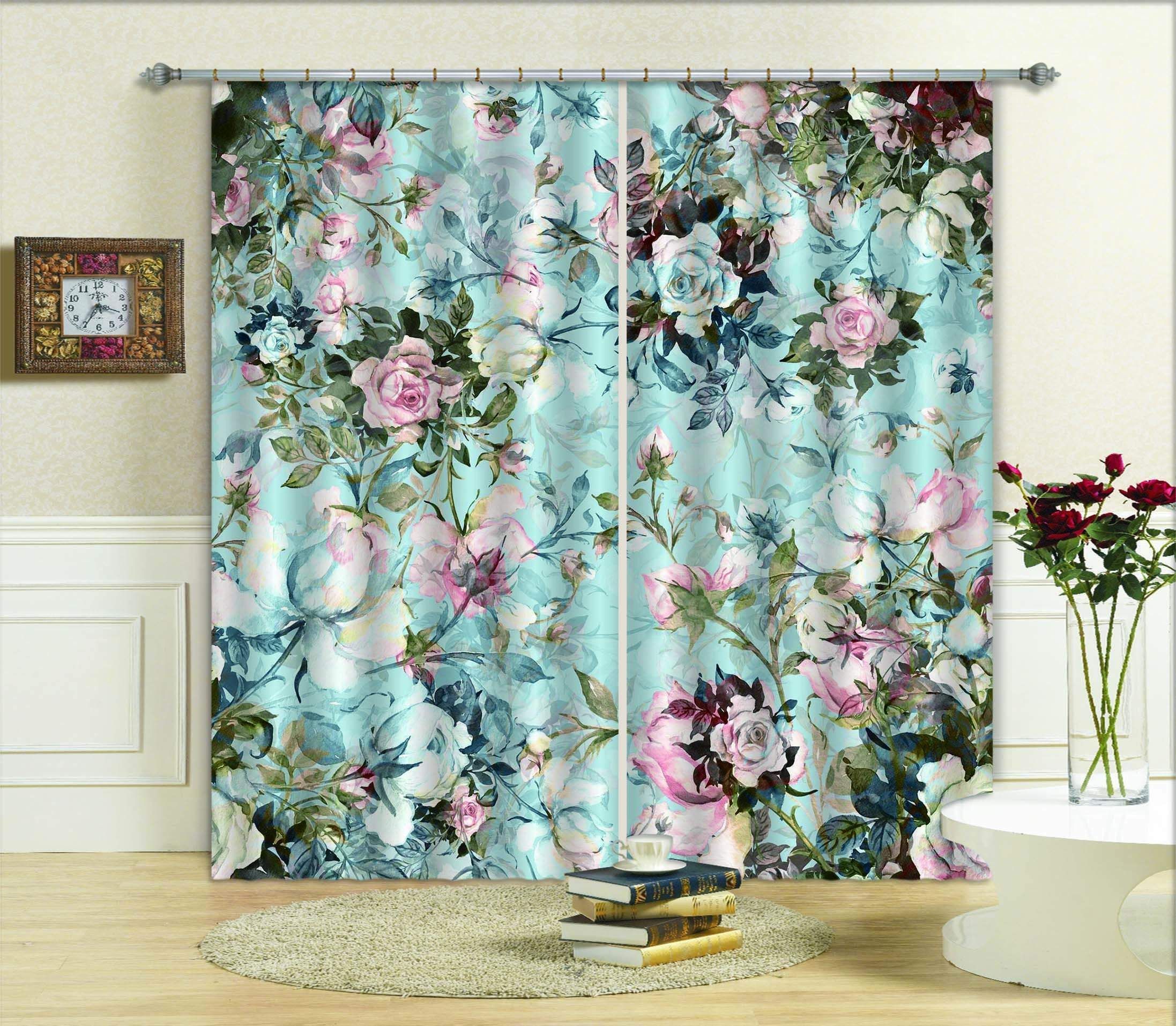 Colorful Flowers With Pale Green Background Printed Window Curtain